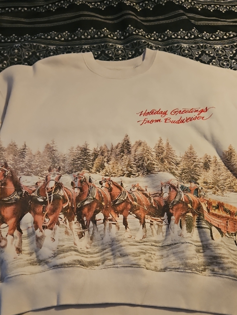 Budweiser White Sweatshirt with Red Holiday Script and Clydesdale Team Print